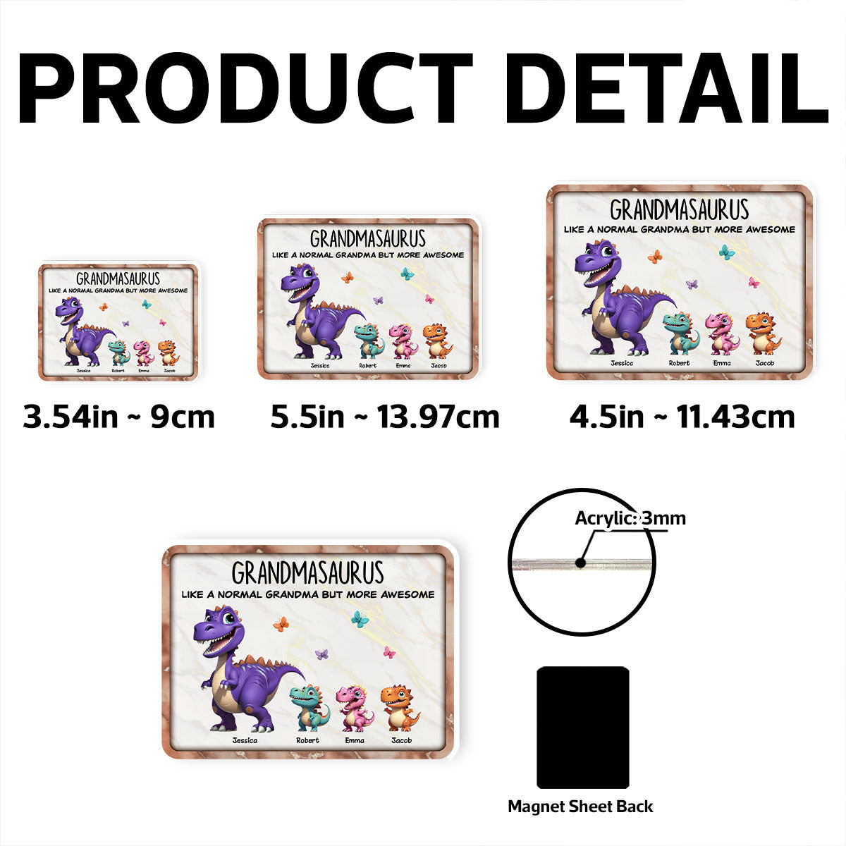 Grandmasaurus And Kids 3D Effect Dinosaurs Personalized Acrylic Fridge Magnet, Gift For Grandma