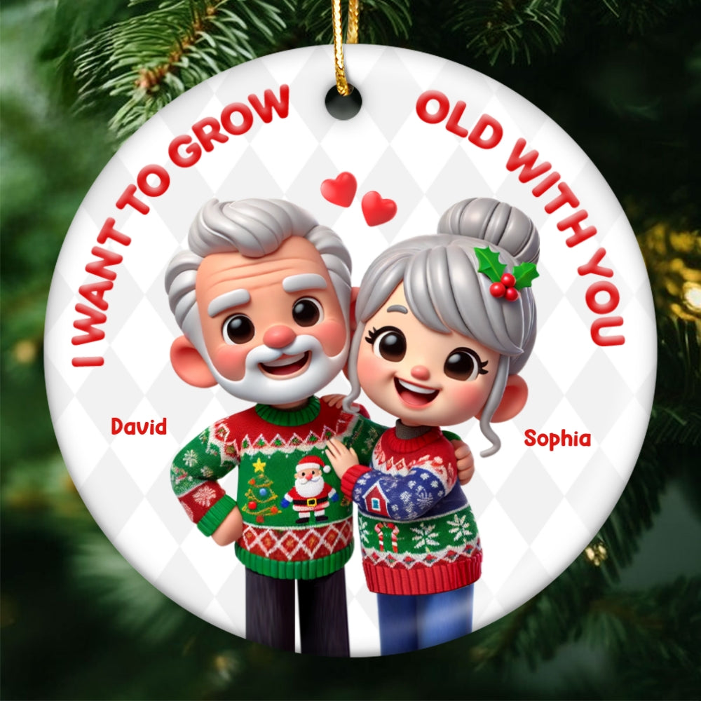 Funny Cartoon Couple I Want To Grow Old With You Christmas Personalized Ceramic Ornament