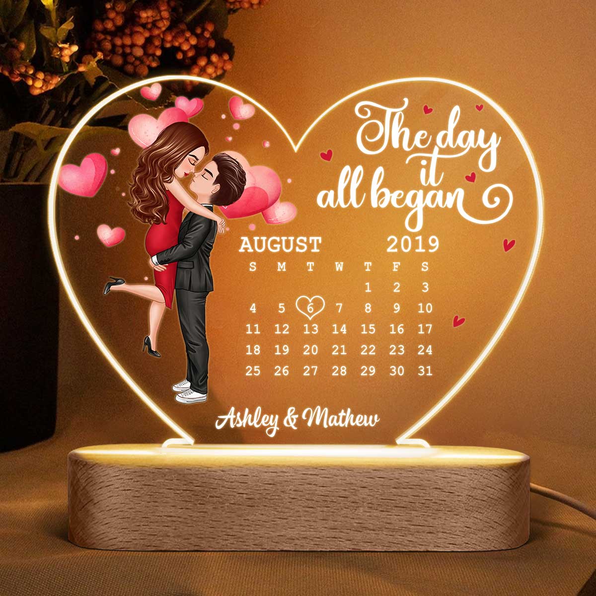 Watercolor Hearts Doll Couple Hugging Kissing Calendar Anniversary Date Personalized Acrylic Heart Plaque LED Night Light