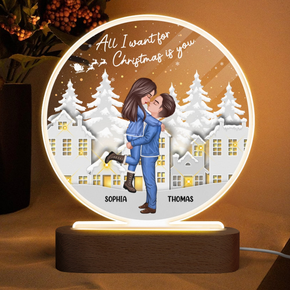 White Christmas Hugging Kissing Couple Personalized Circle LED Night Light