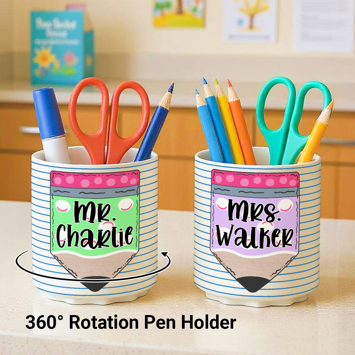 Custom Pencil Notebook Teacher Personalized Rotating Pen Holder, Back to School Gift for Teacher