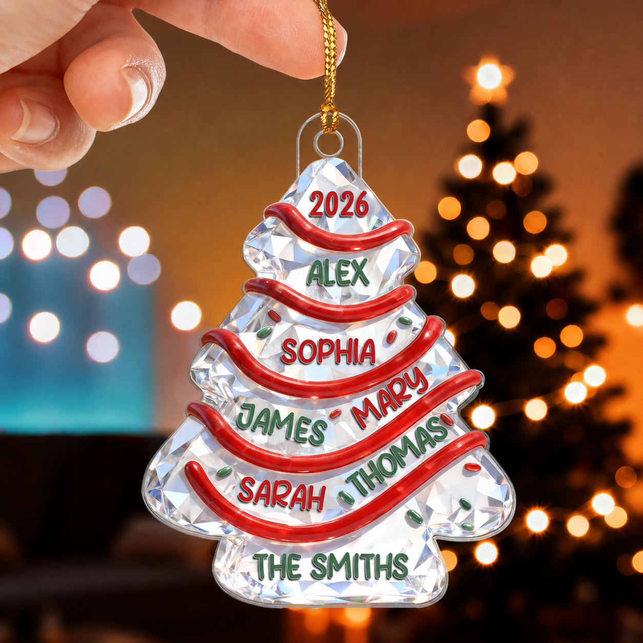 3D Effect Flat Family Names Christmas Tree Cake - Personalized Acrylic Ornament - Christmas Gift For Whole Family, Extended Family