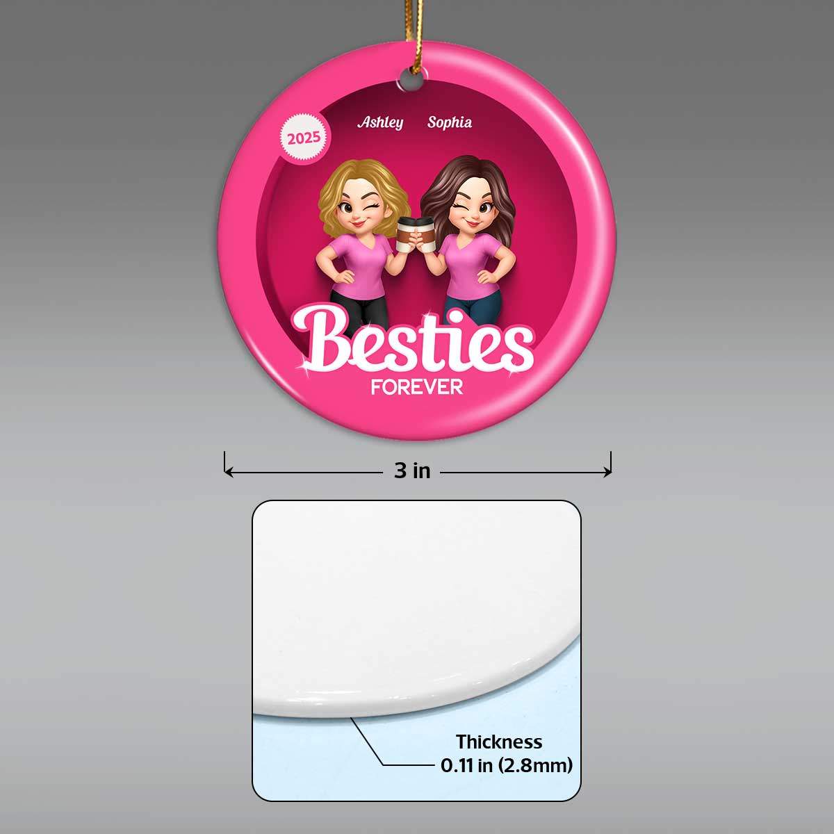 Besties Sisters 3D Effect Pink Toy Box Personalized Circle Ceramic Ornament, Gift for Besties, Best Friends