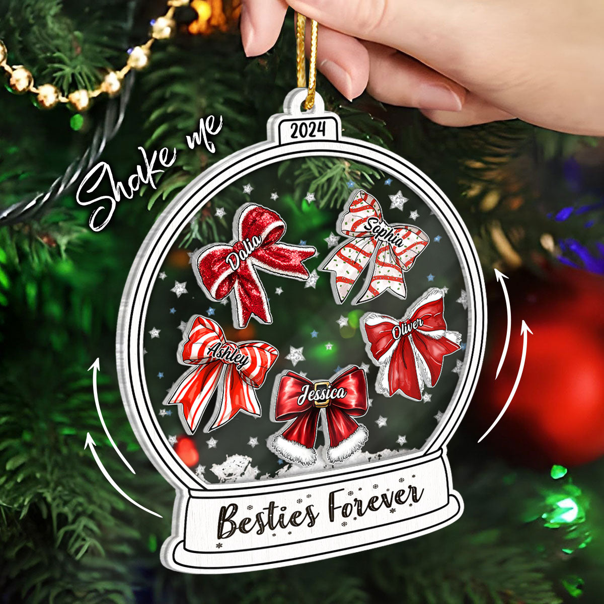Besties Sisters Christmas Bow Personalized Shaker Ornament, Christmas Gift for Besties Sisters