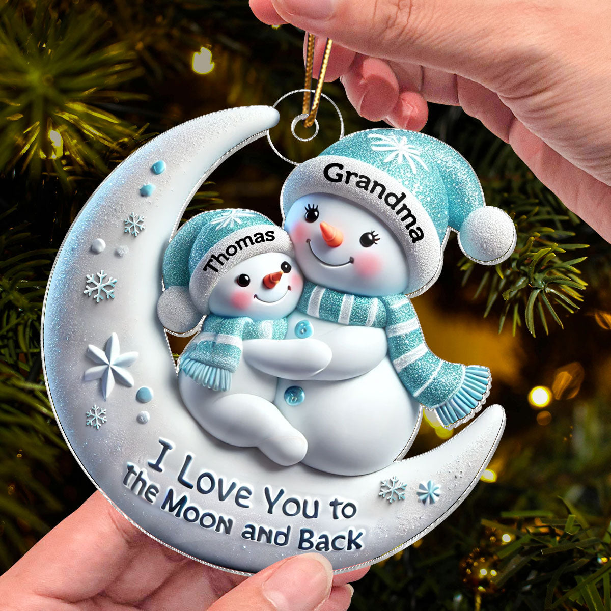 3D Effect Snowman Grandma & Hugging Grandkid On The Moon - Personalized Acrylic Ornament - Gift For Granddaughter, Grandson
