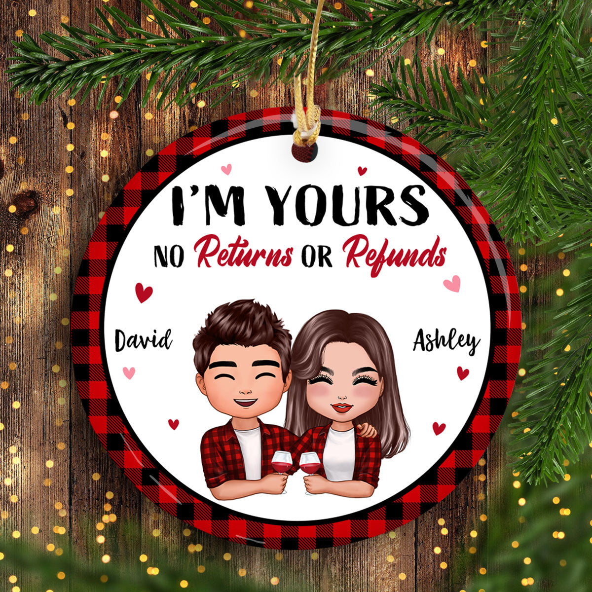 Doll Couple Hugging Holding Drinks Checkered Pattern Christmas Personalized Circle Ornament