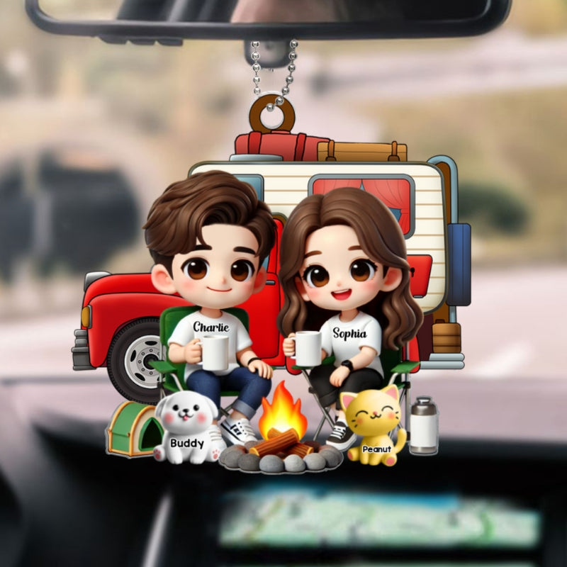 3D Effect Cute Cartoon Camping Couple And Dogs Cats Personalized Acrylic Car Hanger, Rear View Mirror, Valentine's Day, Anniversary, Birthday Gift for him, for her
