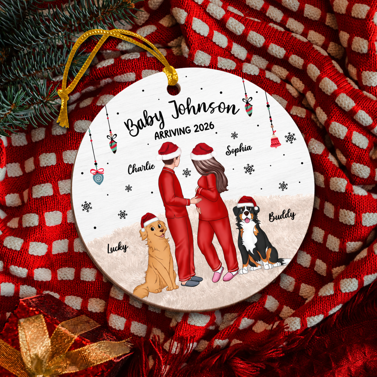 Pregnant Couple and Pet Keepsakes - Personalized Wooden Ornament - Christmas Gift