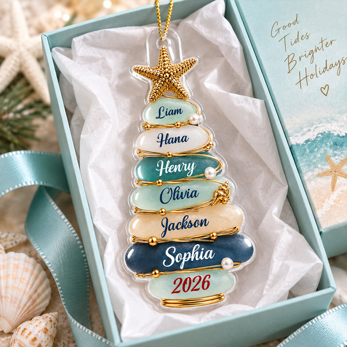 Custom Family Christmas Tree 2D Flat - Personalized Acrylic Ornament - Beach Coastal Keepsake, Grandkids Gift