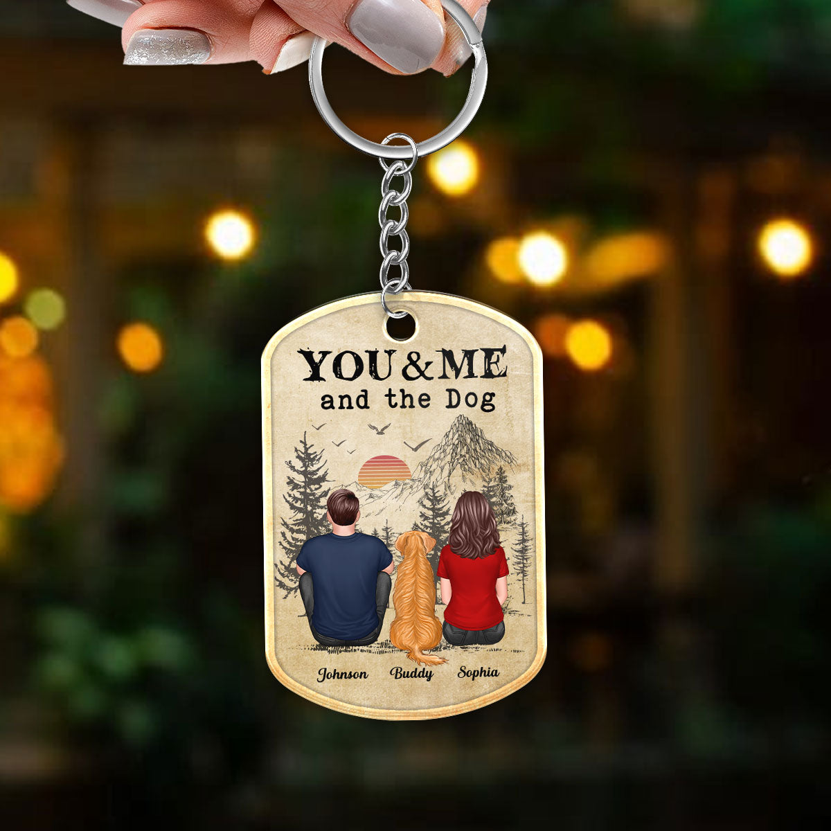Back View Couple You Me And The Dogs Cats Vintage Sunset Personalized Acrylic Keychain