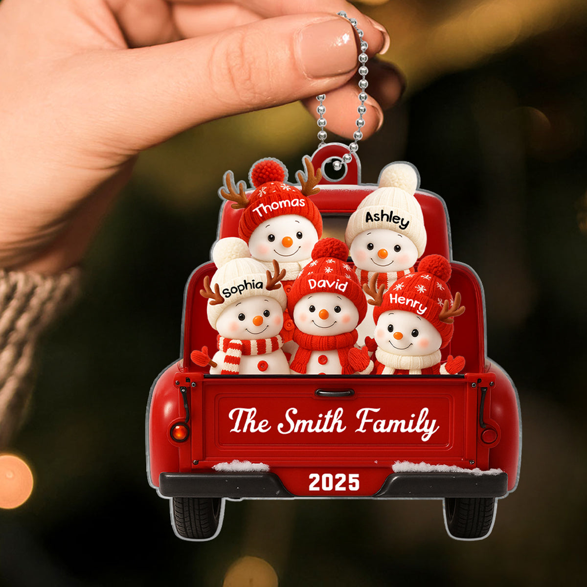 Family Snowman on Christmas Truck Personalized Acrylic Ornament, Red Truck Christmas Gift for Family