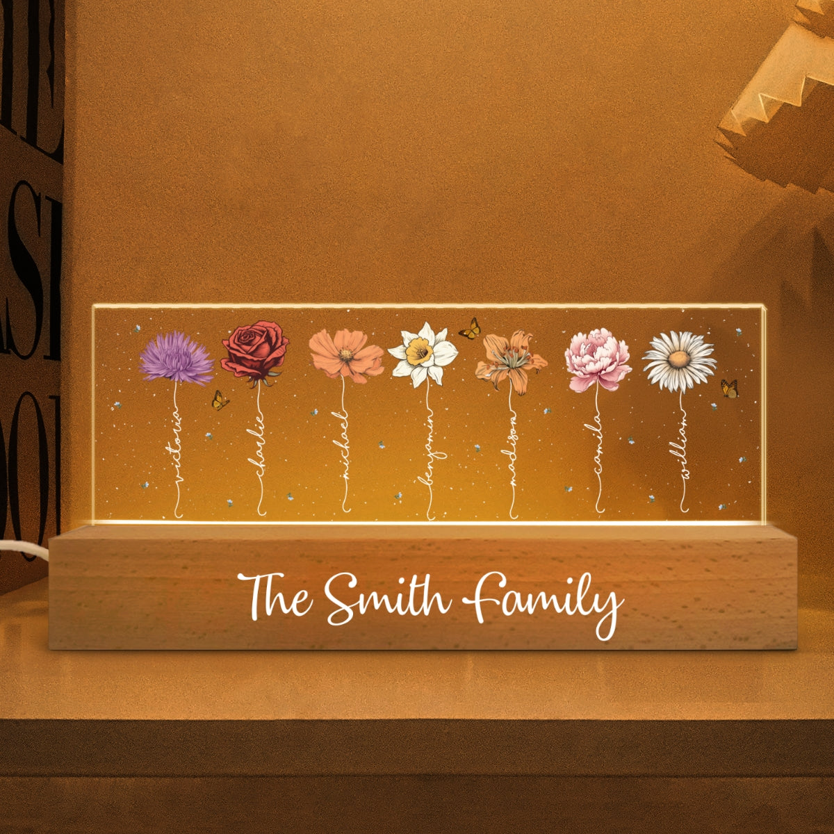 Family Members Birth Month Flowers Personalized Acrylic Block LED Night Light, Gift For Dad, Mom, Son, Daughter