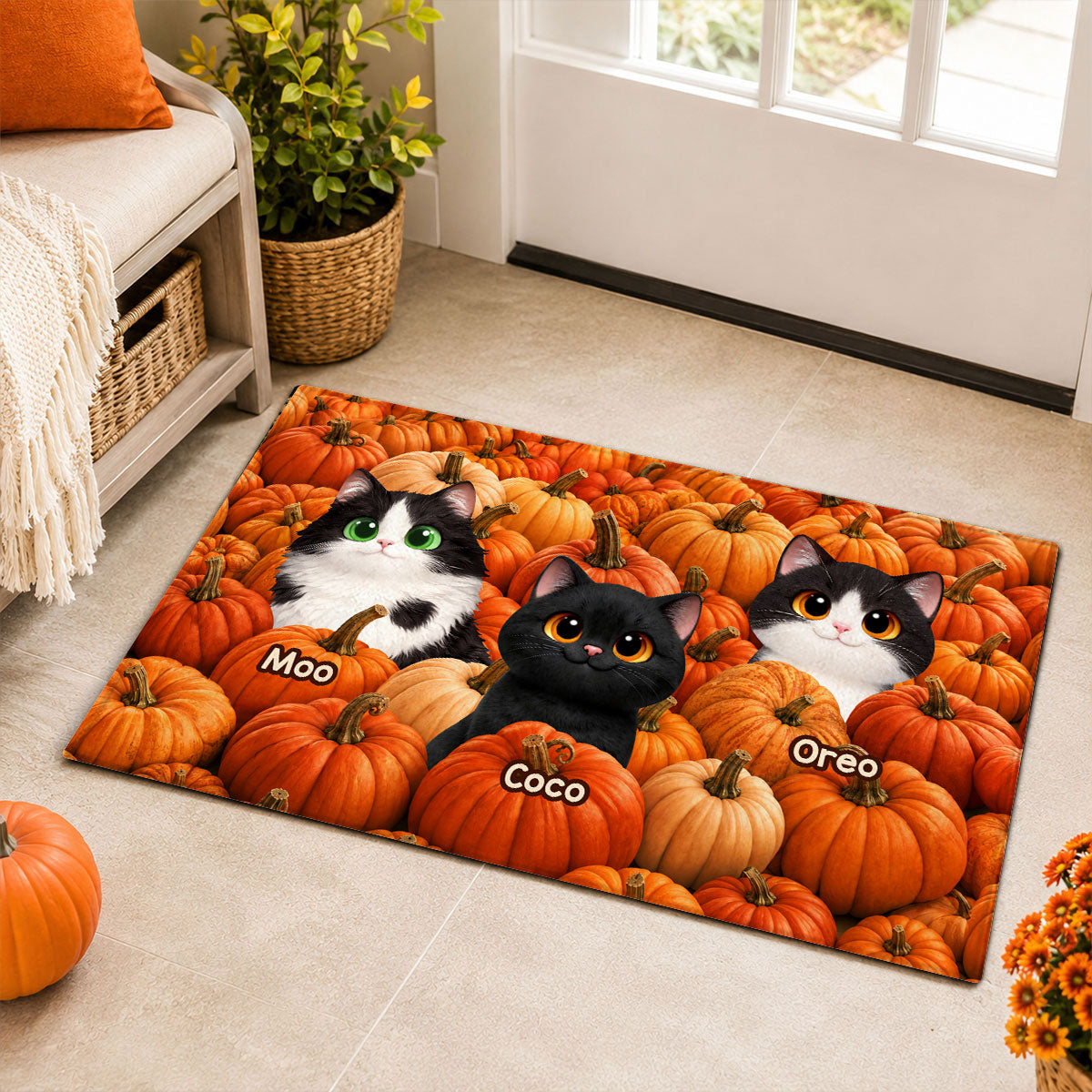 Fall Season Cute Cats Play In Pumpkin Patch - Personalized Doormat - Fall Decor For Cat Lovers