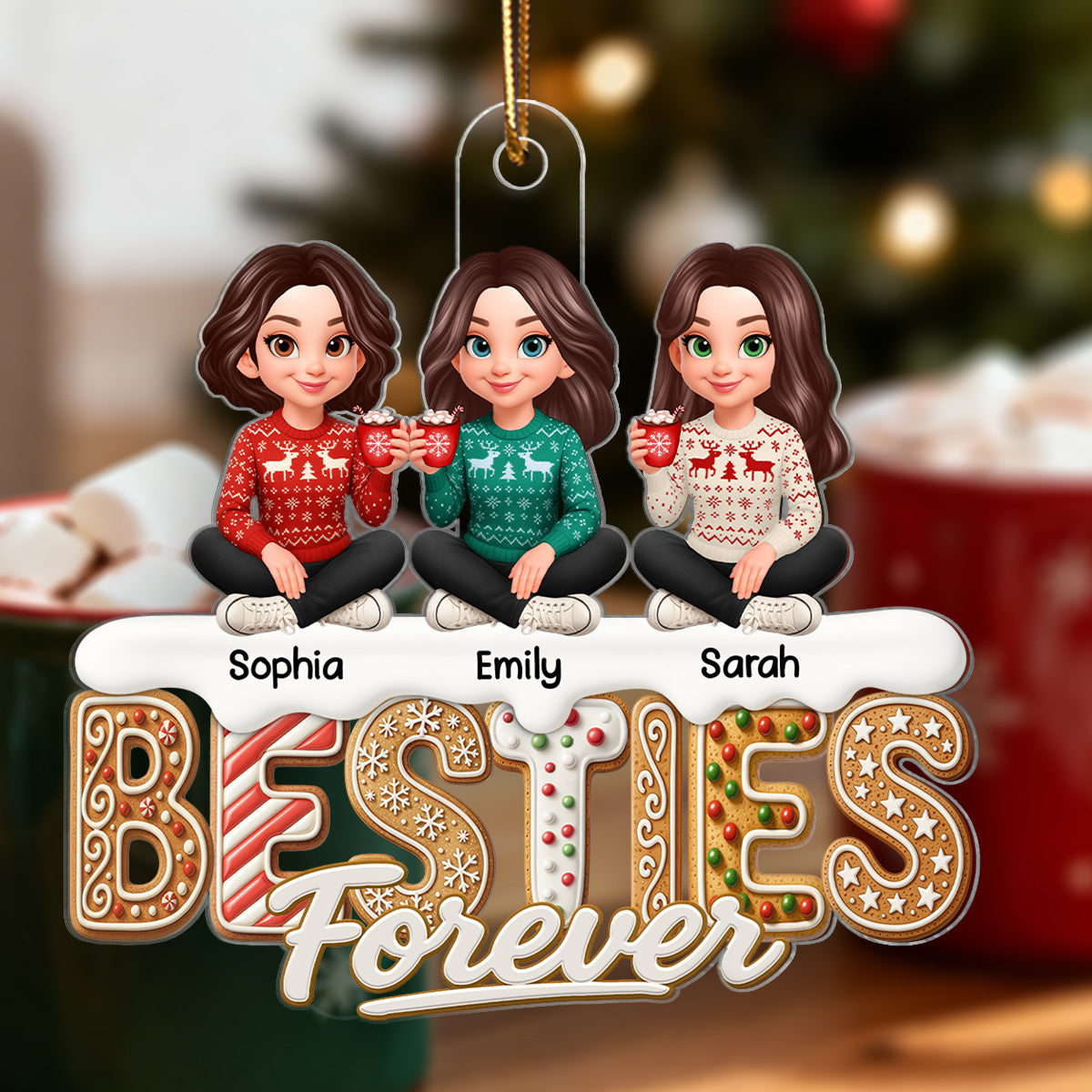 3D Effect Gingerbread Besties Forever - Personalized Acrylic Ornament - Gift For Besties