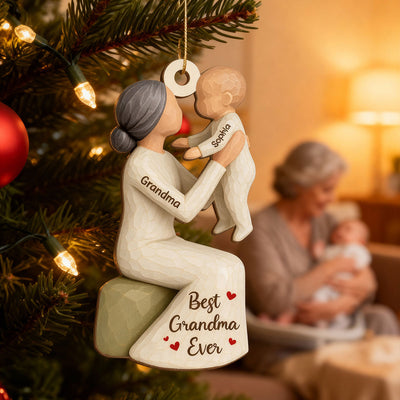 3D Effect Grandma Holding Grandkid - Personalized Wooden Ornament - Unique Christmas Gift for Grandma