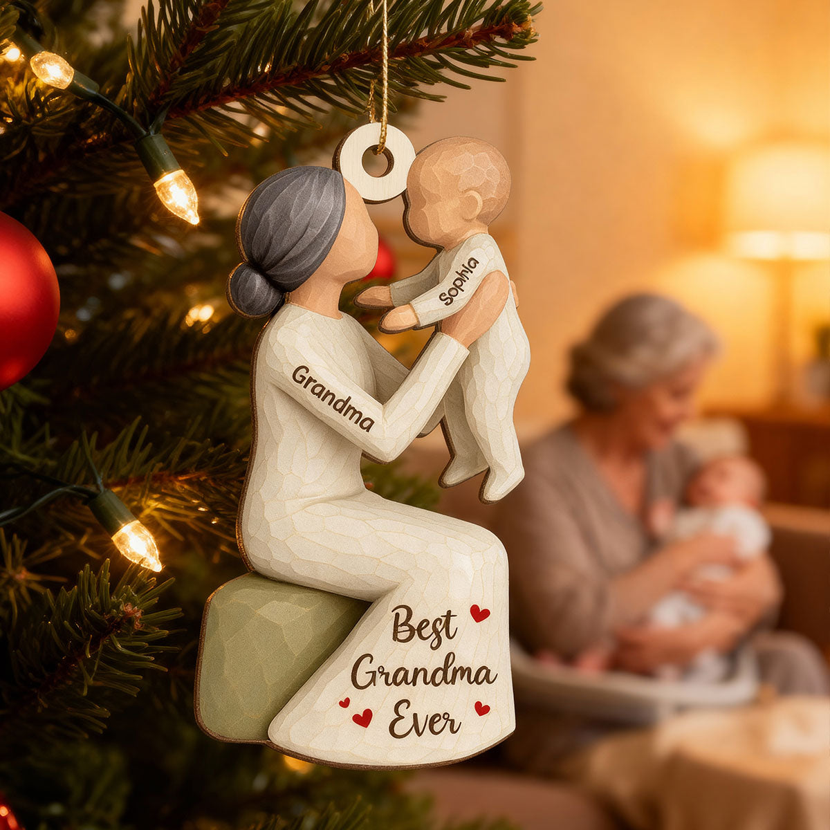 3D Effect Grandma Holding Grandkid - Personalized Wooden Ornament - Unique Christmas Gift for Grandma