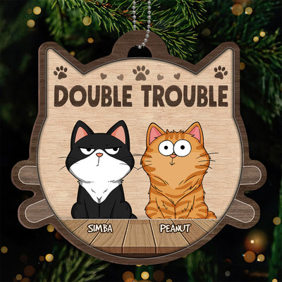 Double Trouble Funny Cat Expression Personalized Cat Head Shaped Wooden Ornament