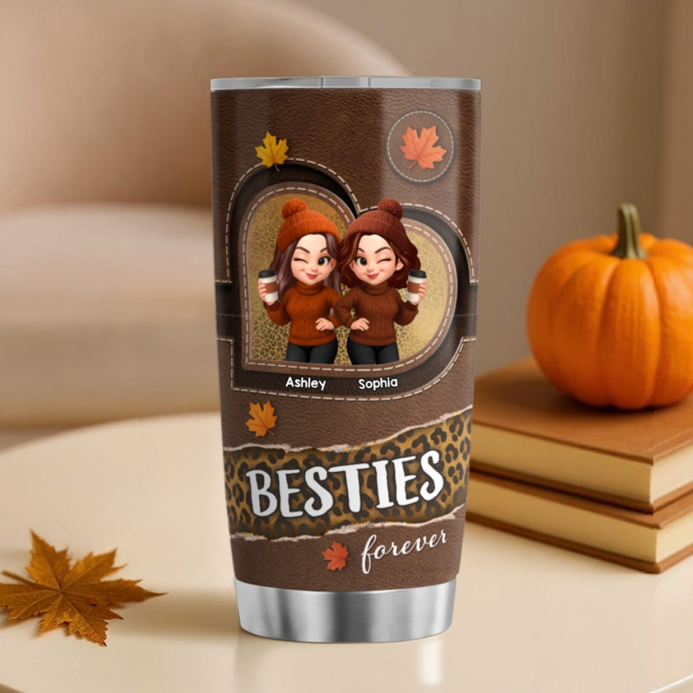 Fall Season Besties Sisters Fall Leather Pattern Personalized Tumbler