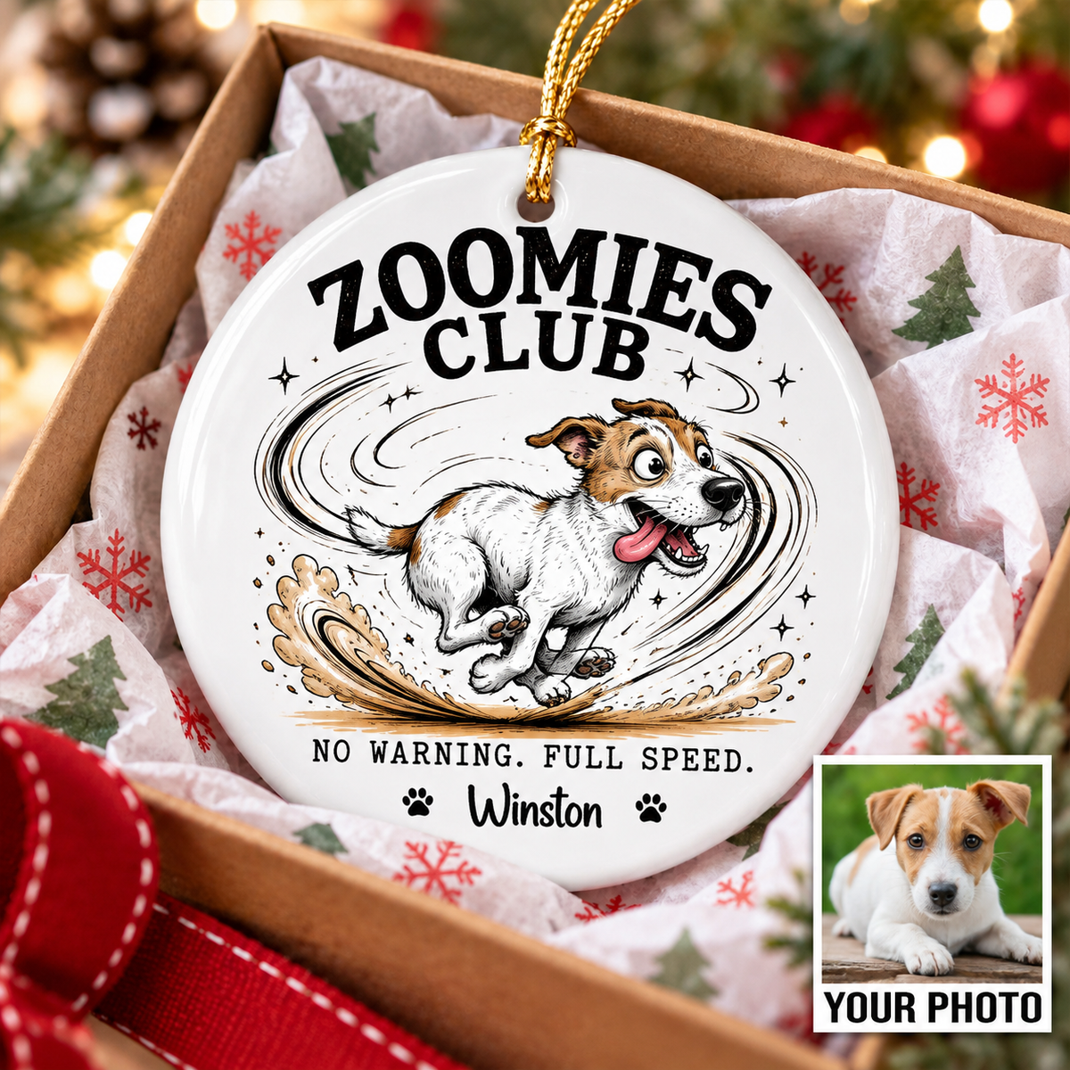 Zoomies Club Official Member Quirky Dog Portrait From Your Custom Pet Photo - Personalized Ceramic Ornament - Funny Gift For Dog Cat Lover