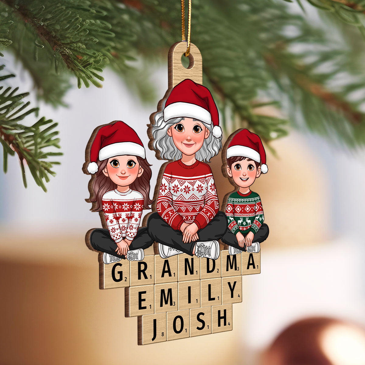 Animated Grandma Grandkids Sitting On Wooden Blocks Personalized Wooden Ornament