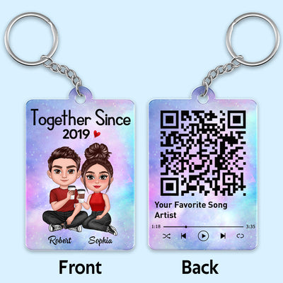 Doll Couple Sitting Together Favorite Song Scannable QR Code Personalized Acrylic Keychain