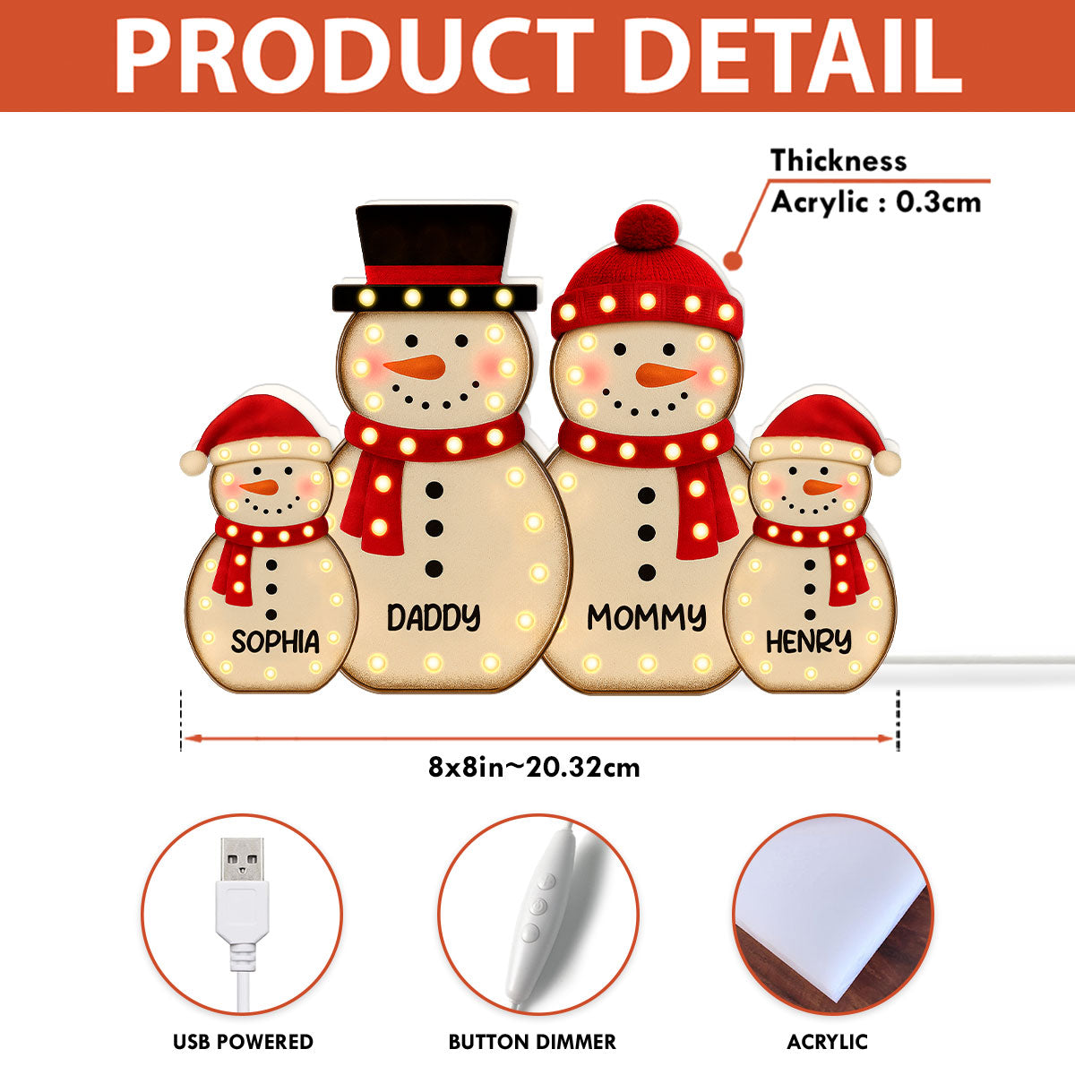 Snowman Family Marquee Effect Personalized LED Light Box, Christmas Gift Decoration