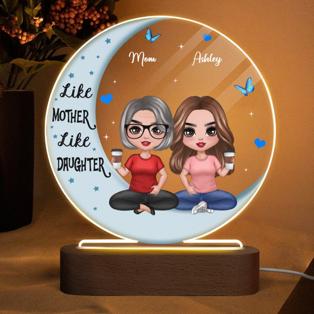 Like Mother Like Daughters Doll Mom And Daughters Sitting On Moon Personalized Circle Acrylic Plaque LED Night Light