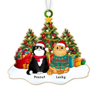 Fluffy Cats Sitting On Snow Christmas Tree Personalized Wooden Ornament
