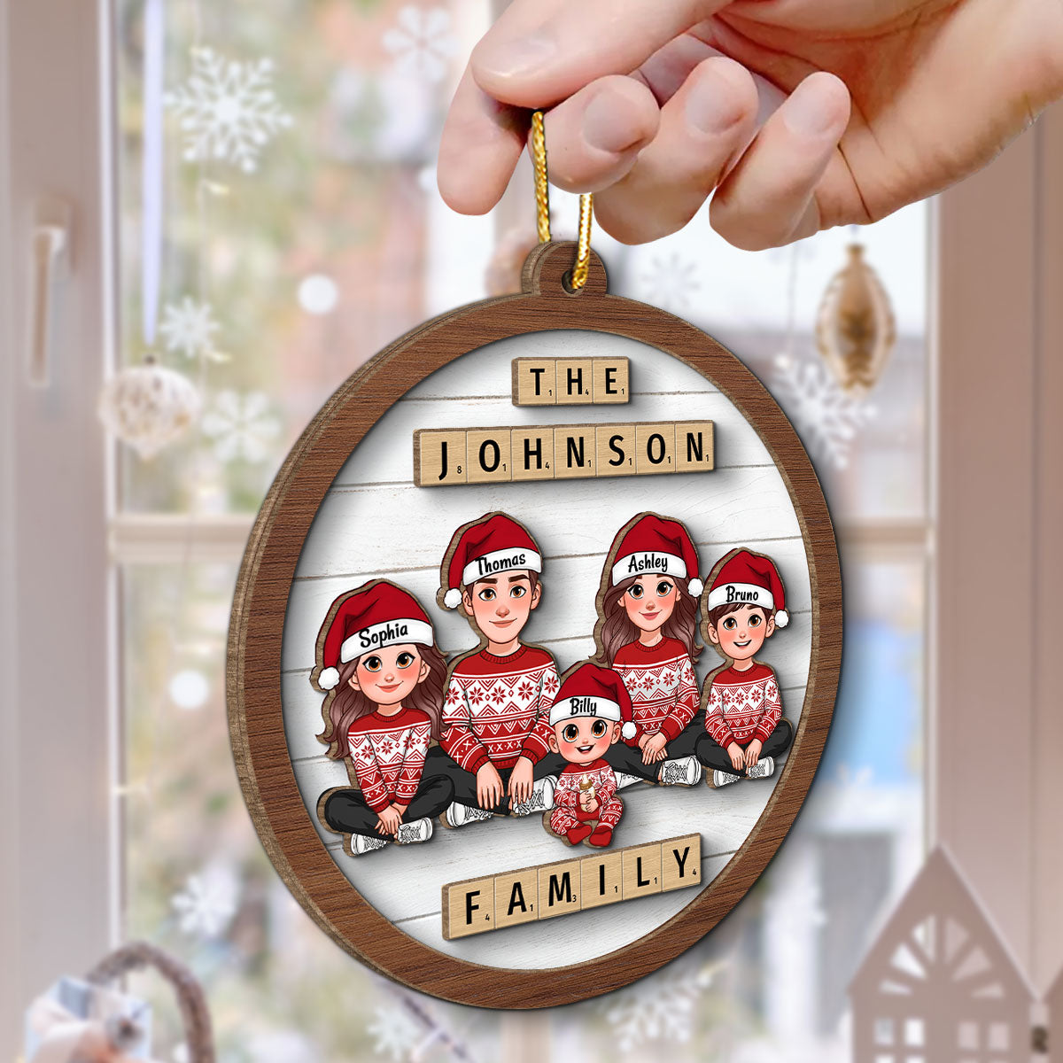 Animated Family Sitting Wooden Blocks Personalized 2-Layer Wooden Ornament, Christmas Decoration, Christmas Gift For Family