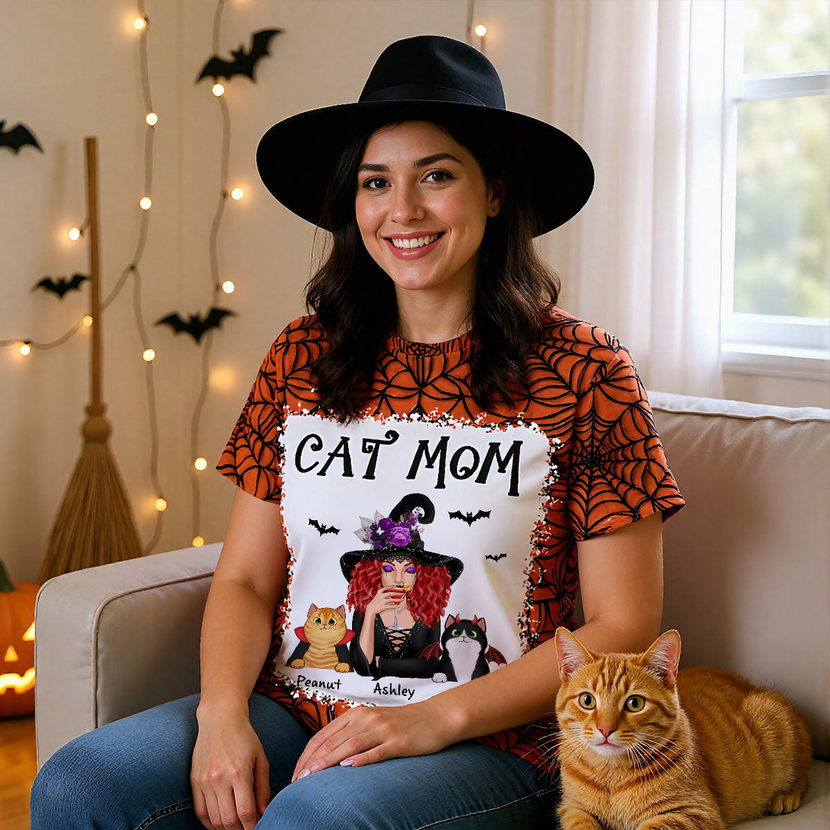 Halloween Spider Web Witch Cat Mom Personalized Shirt, Spooky Halloween Costume For Cat Lovers
