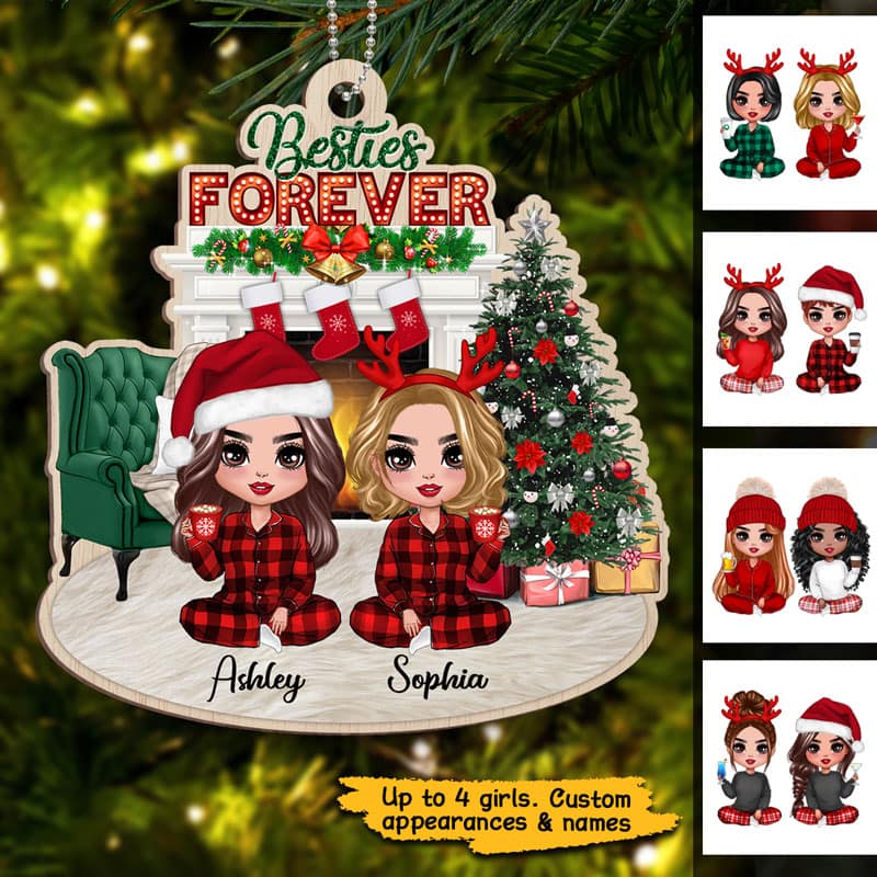 Christmas Doll Besties Sitting At Fireplace Personalized Wooden Ornament
