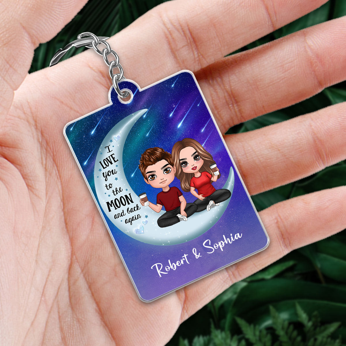 Doll Couple Sitting On Moon I Love You To The Moon And Back Favorite Song Scannable QR Code Personalized Acrylic Keychain