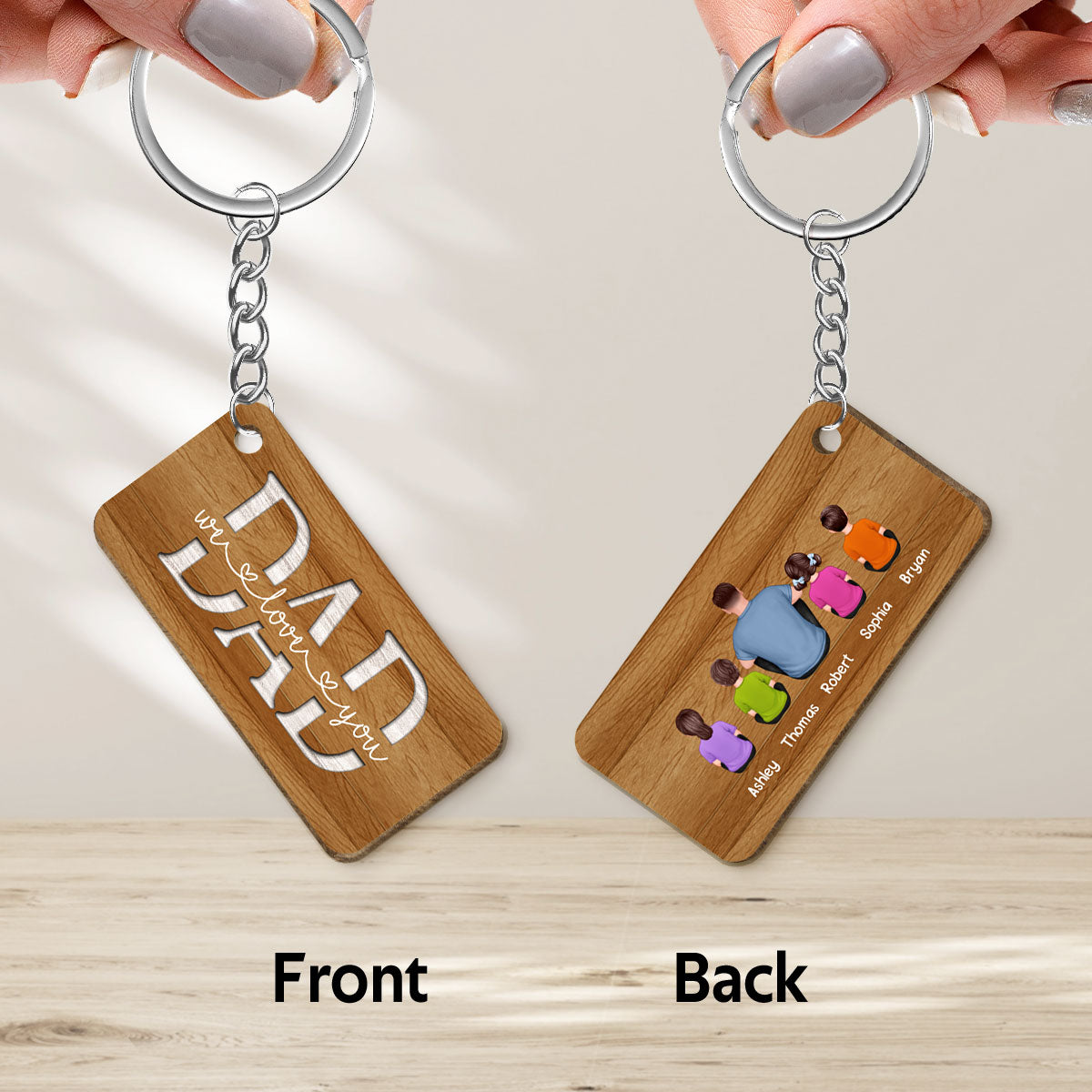 Back View Man Dad And Kids Dogs Cats Sitting We Love You Personalized Wooden Keychain