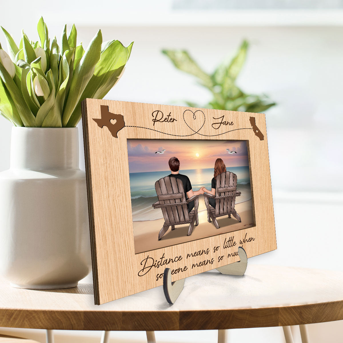 Long Distance Couple Sitting Back View At Beach Personalized 2-Layer Wooden Plaque