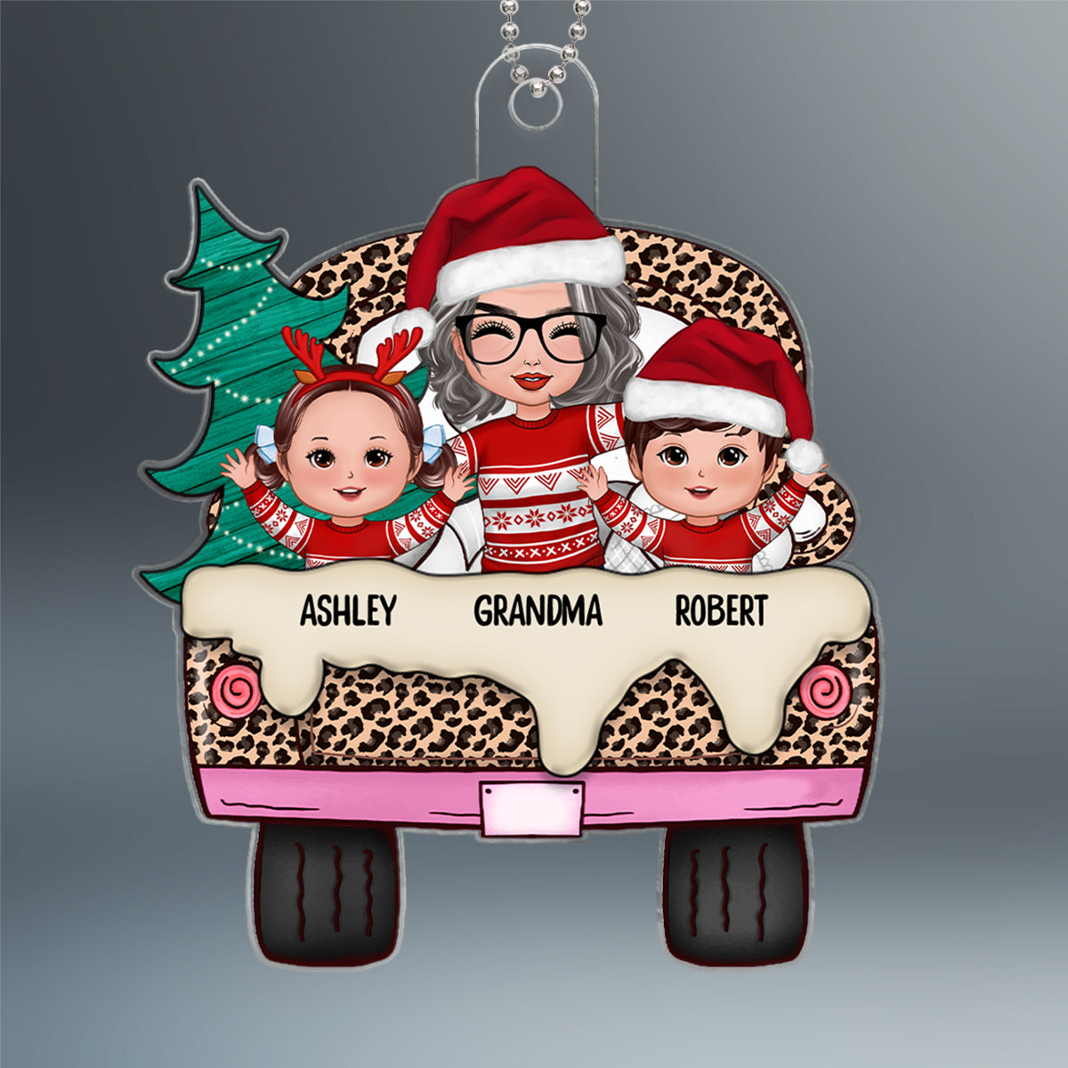 Leopard Christmas Truck Happy Doll Grandma Grankids Personalized Acrylic Ornament
