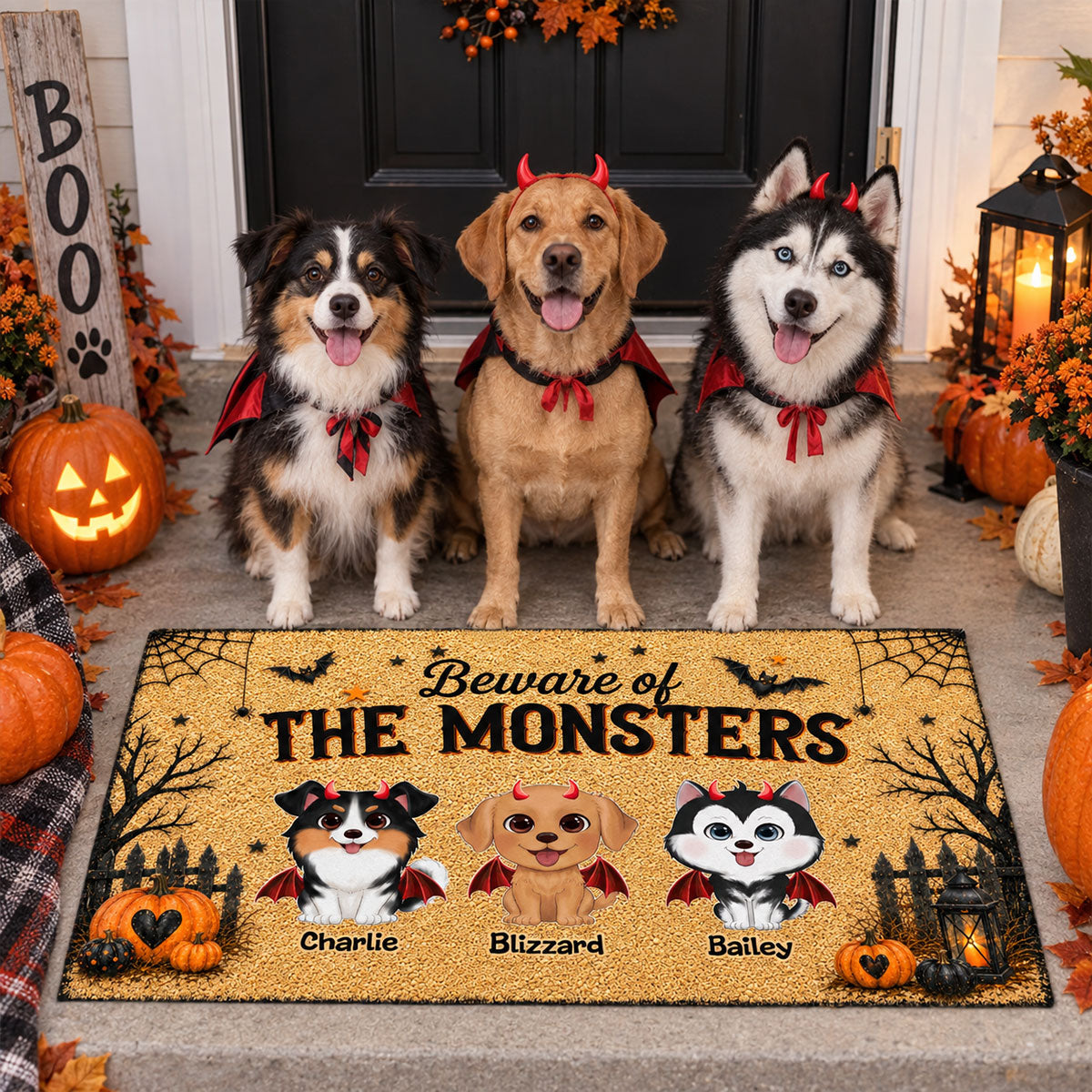 Halloween Theme Beware Of The Monsters Dogs - Personalized Doormat - Halloween Decor For Dog Lovers