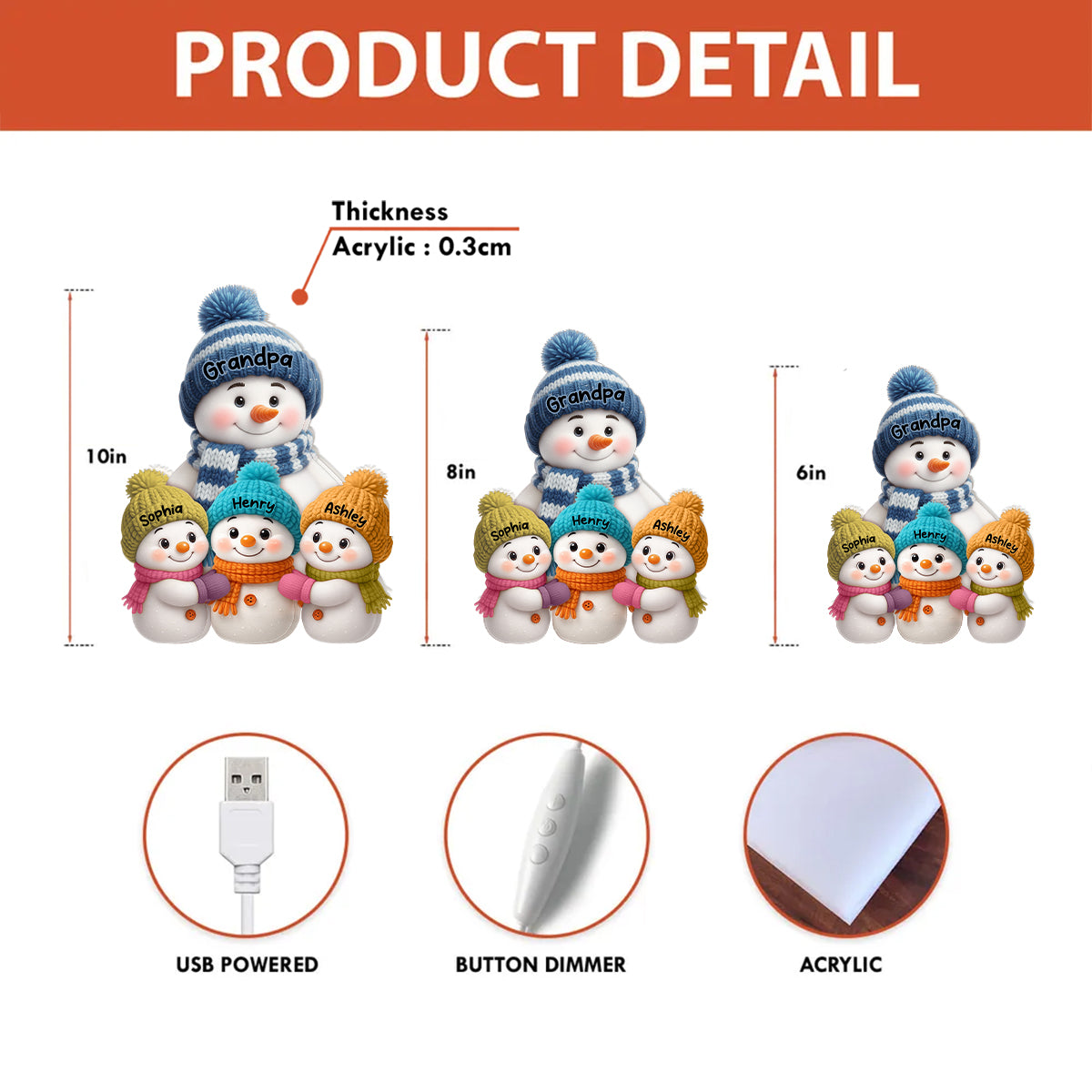 Snowman Grandpa and Grandkids Personalized Light Box - Christmas Gift for Grandpa
