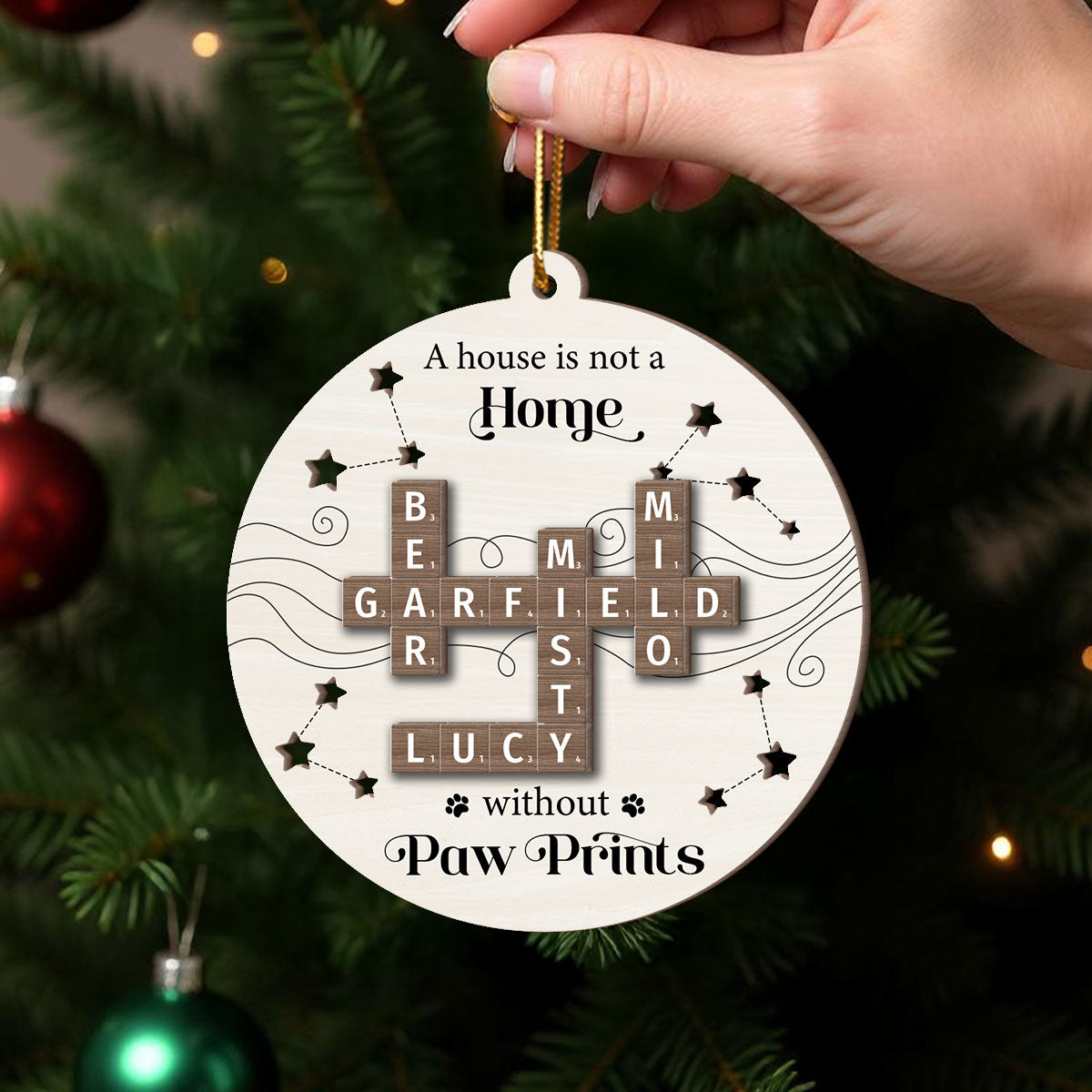 Christmas Pets Dogs Cats A House Is Not A Home Without Paw Prints Crossword Art Personalized 2-Layer Wooden Ornament