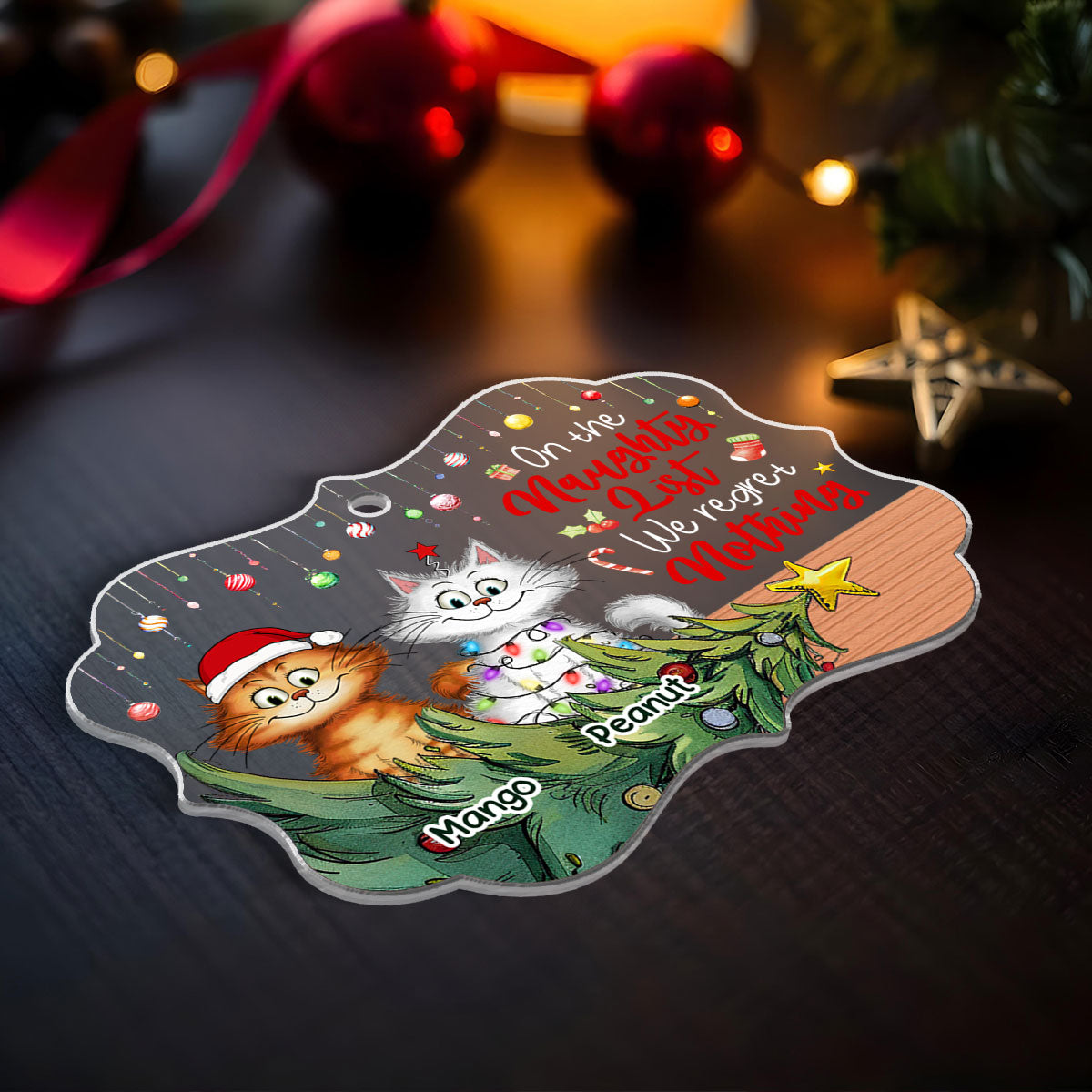 Christmas Quirky Cat On The Naughty List Regret Nothing Personalized Acrylic Ornament, Unique Christmas Gift For For Cat Owners Cat Lovers