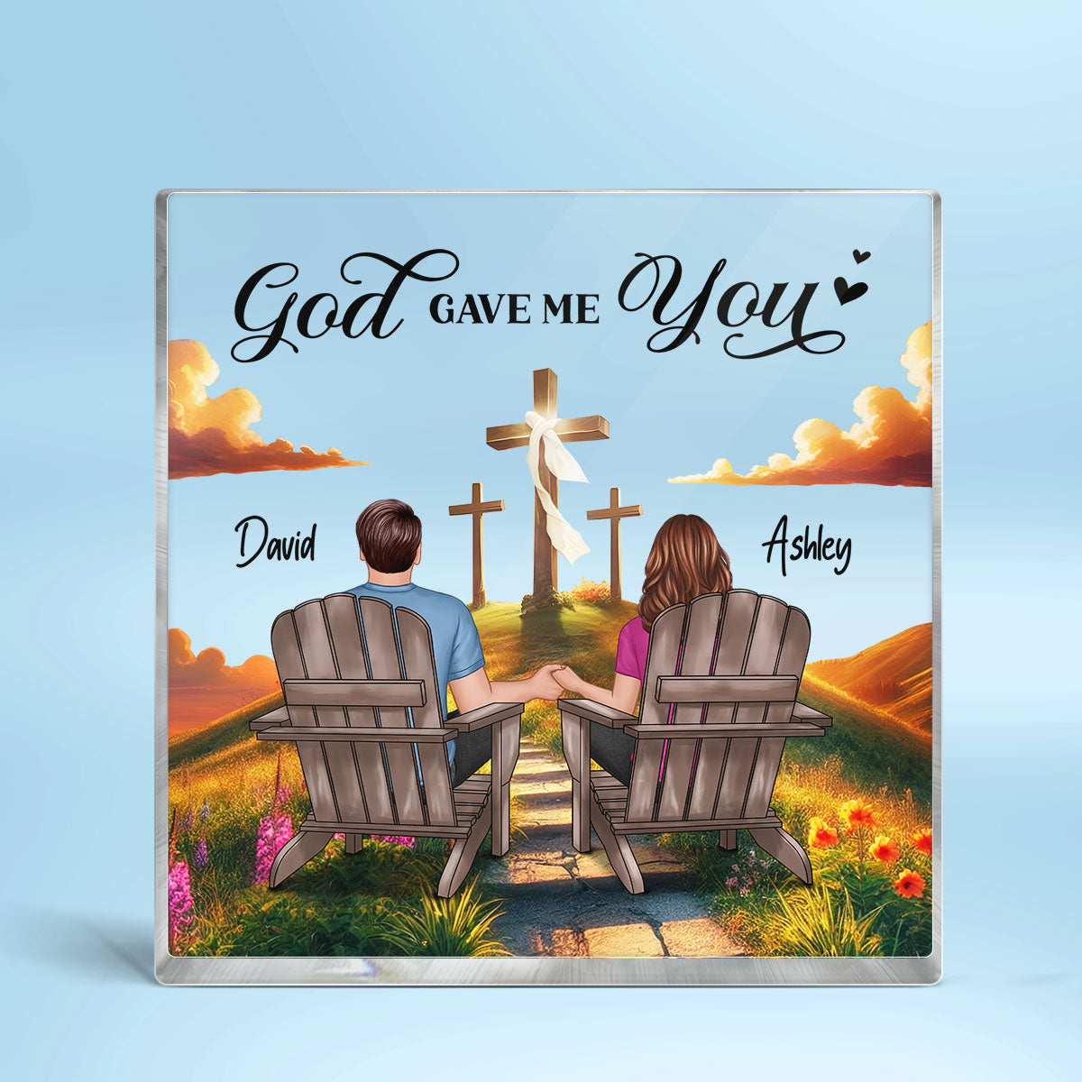 Cross God Knew My Heart Needed You Old Couple Sitting Together Personalized Acrylic Block Plaque, Anniversary  Gift For Him, Her, Husband, Wife