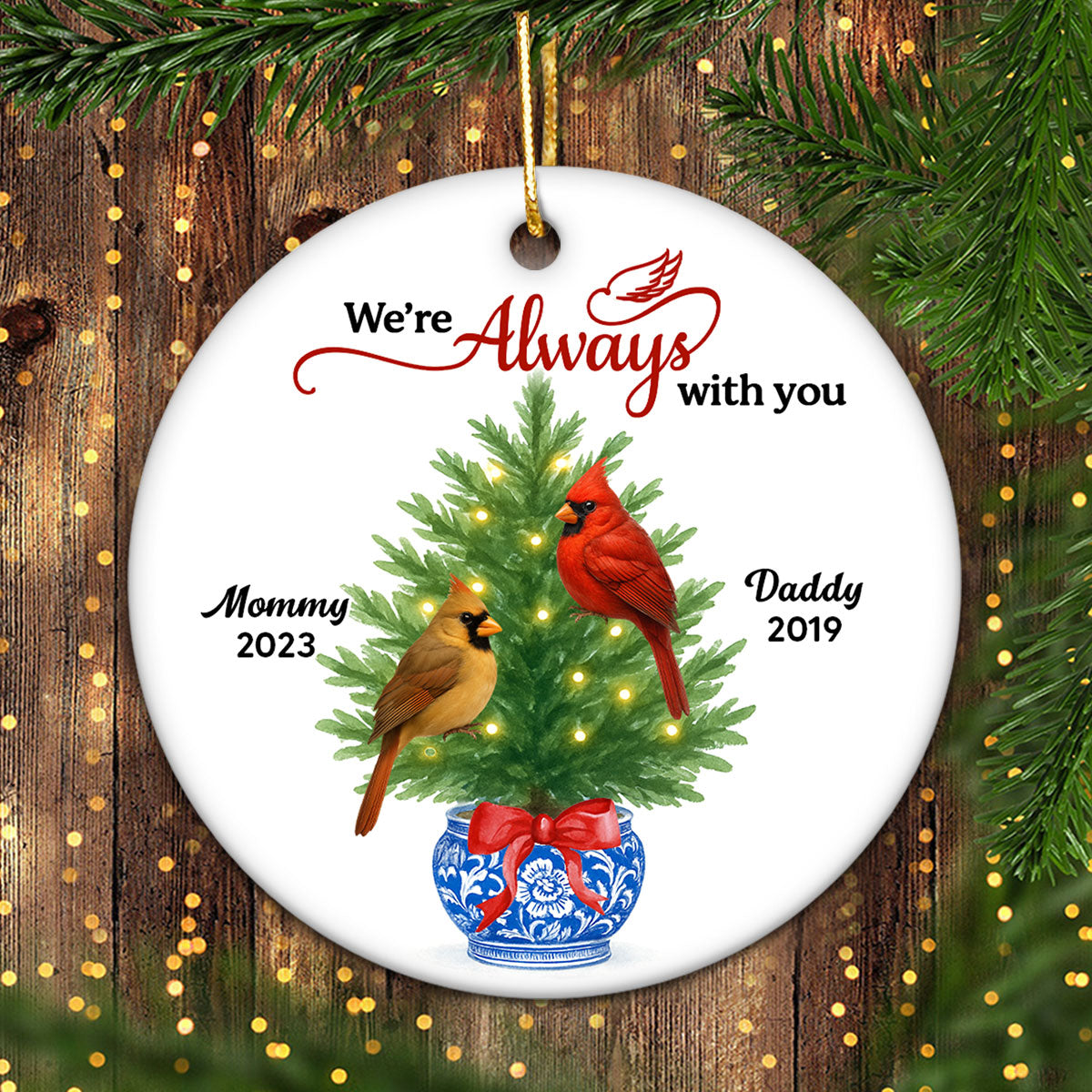 Cardinals Chinoiserie Christmas Always With You - Personalized Ceramic Ornament - Meaningful Sympathy Gift