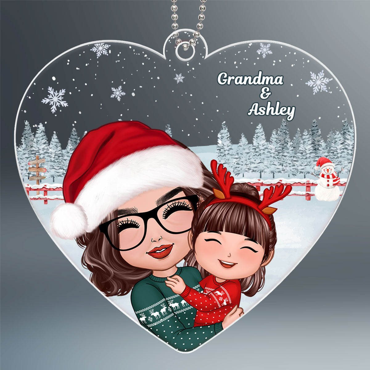 Christmas Doll Grandma Mom Hugging Kid Gift For Granddaughter Grandson Heart Shaped Personalized Acrylic Ornament
