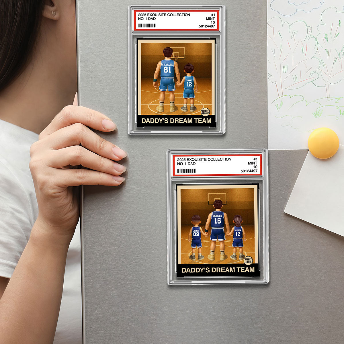 Basketball No. 1 Dad Man & Kids Trading Card Style Personalized Acrylic Fridge Magnet