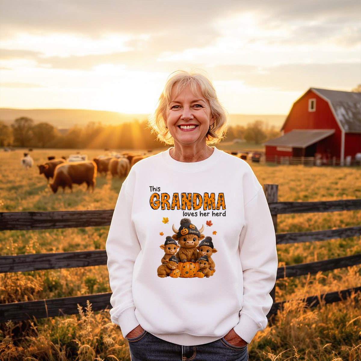 This Mama Loves Her Herd Cute Highland Cow Pumpkin Personalized Sweatshirt, Fall Sweatshirt for Mom Grandma