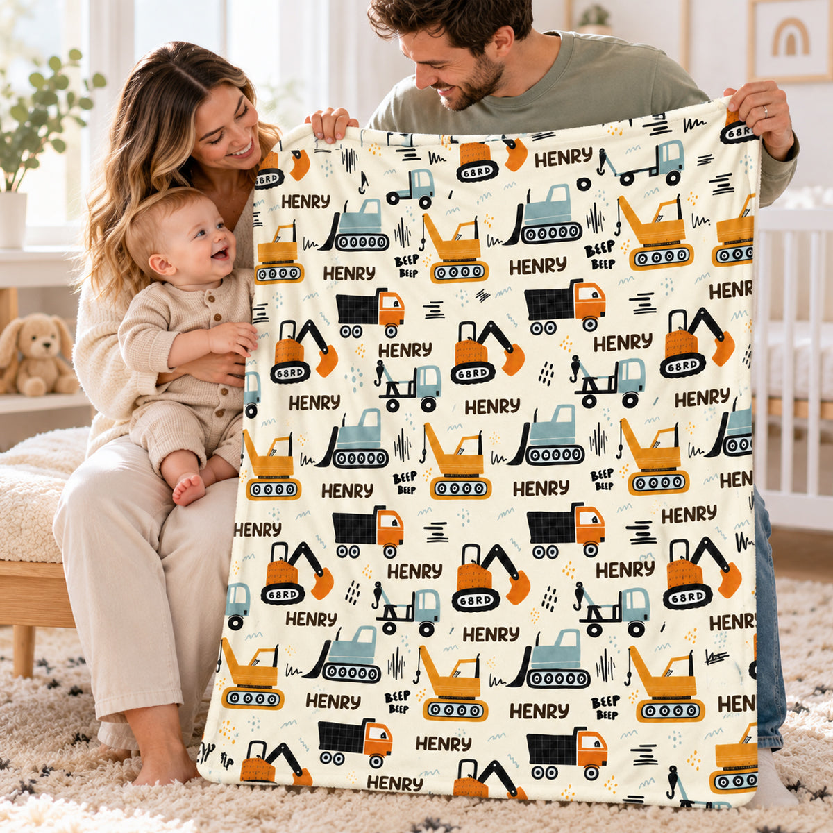 Construction Vehicle Custom Baby Name - Personalized Fleece Blanket - Nursery Construction Theme For Baby Boy
