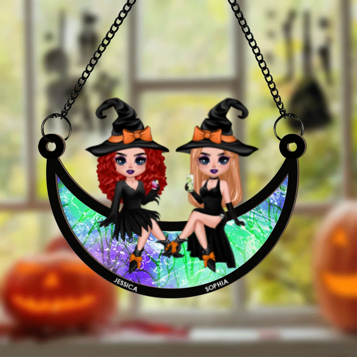 Halloween Witch Besties Sitting On Moon Personalized Window Hanging Suncatcher Ornament, Halloween Decor