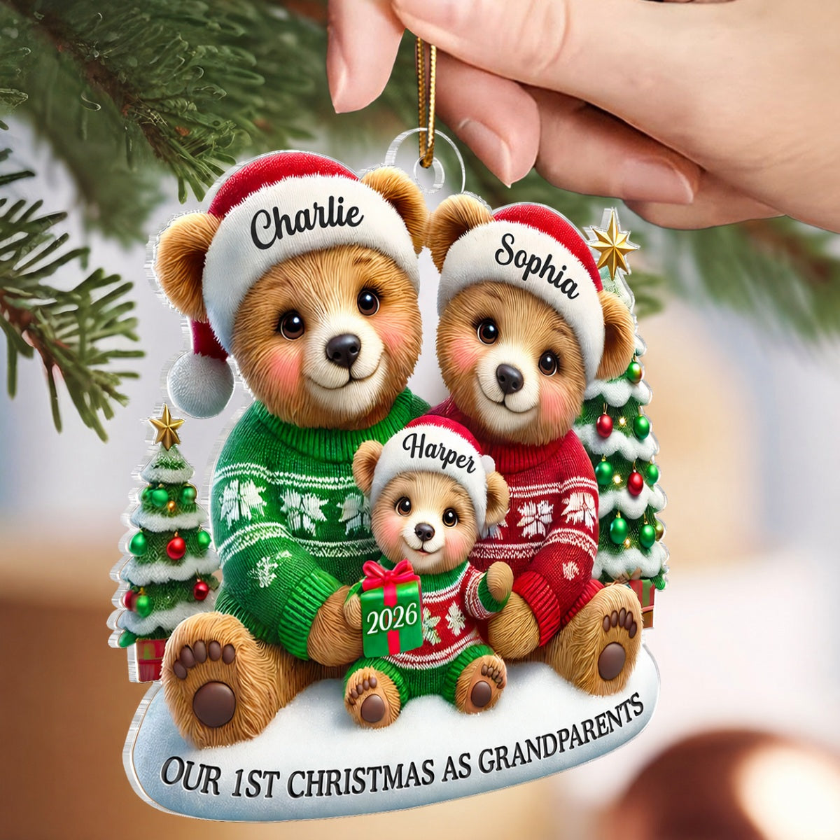 3D Effect Bears Our First Christmas As Grandparents Personalized Acrylic Ornament, Christmas Gift For New Grandparents