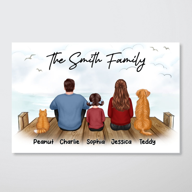 Family Dad Mom Kids Dogs Cats Sitting On The Bridge - Personalized Poster - Gift For Dad, Gift For Husband, Gift For Grandpa