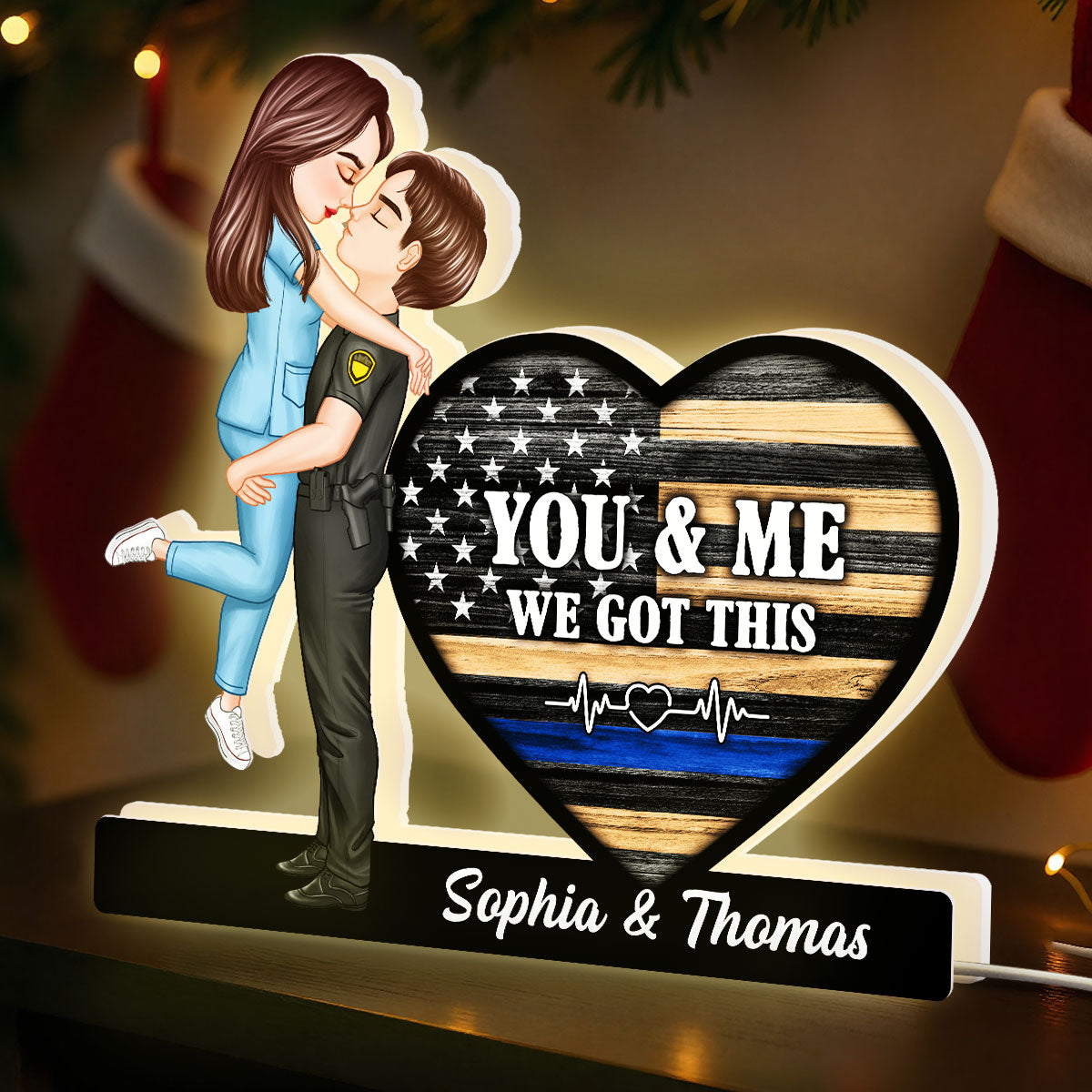 Hero Couple Kissing You & Me We Got This Job Occupation Flag Heart - Personalized Light Box