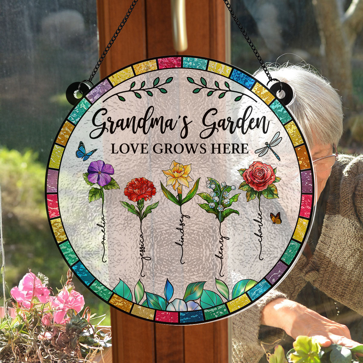 Grandma‘s Garden Love Grows Here Beautiful Birth Month Flowers Personalized Acrylic Suncatcher